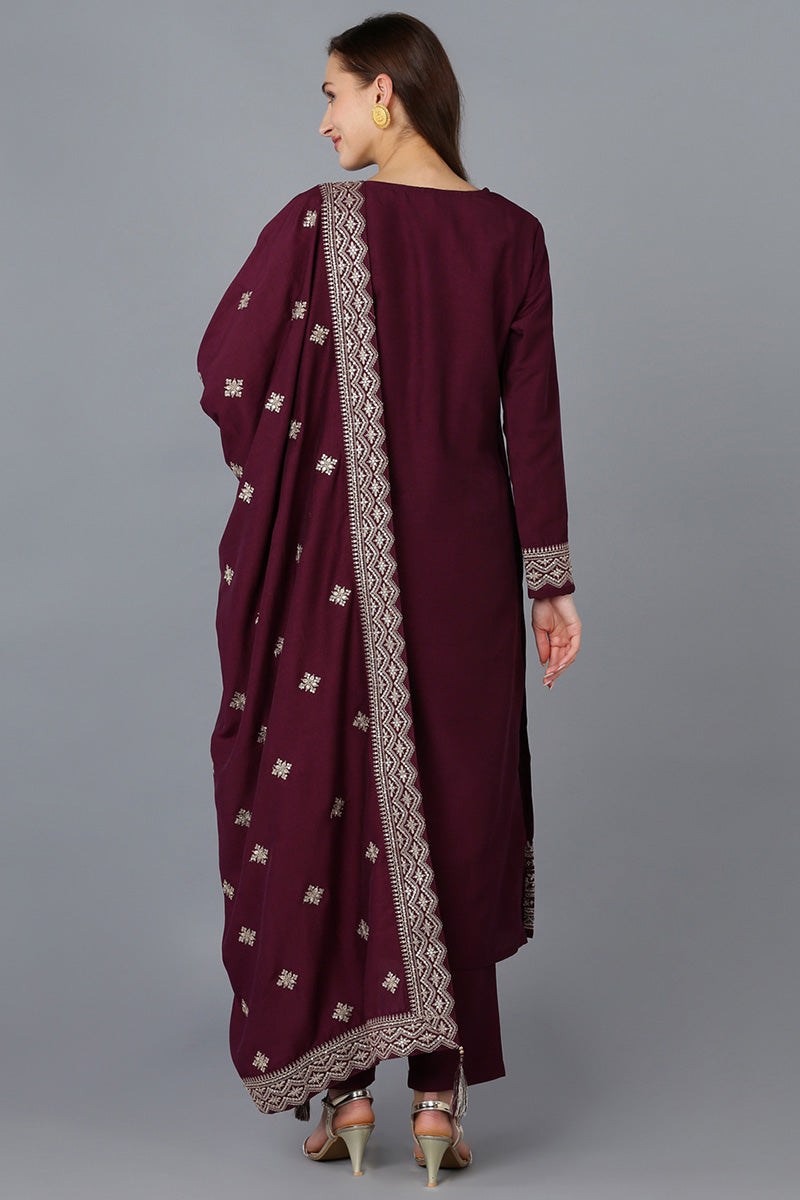 Burgundy Silk Blend Solid Straight Kurta Trousers With Dupatta PKSKD1759