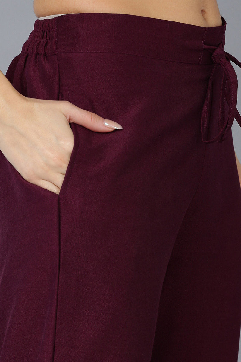 Burgundy Silk Blend Solid Straight Kurta Trousers With Dupatta PKSKD1759