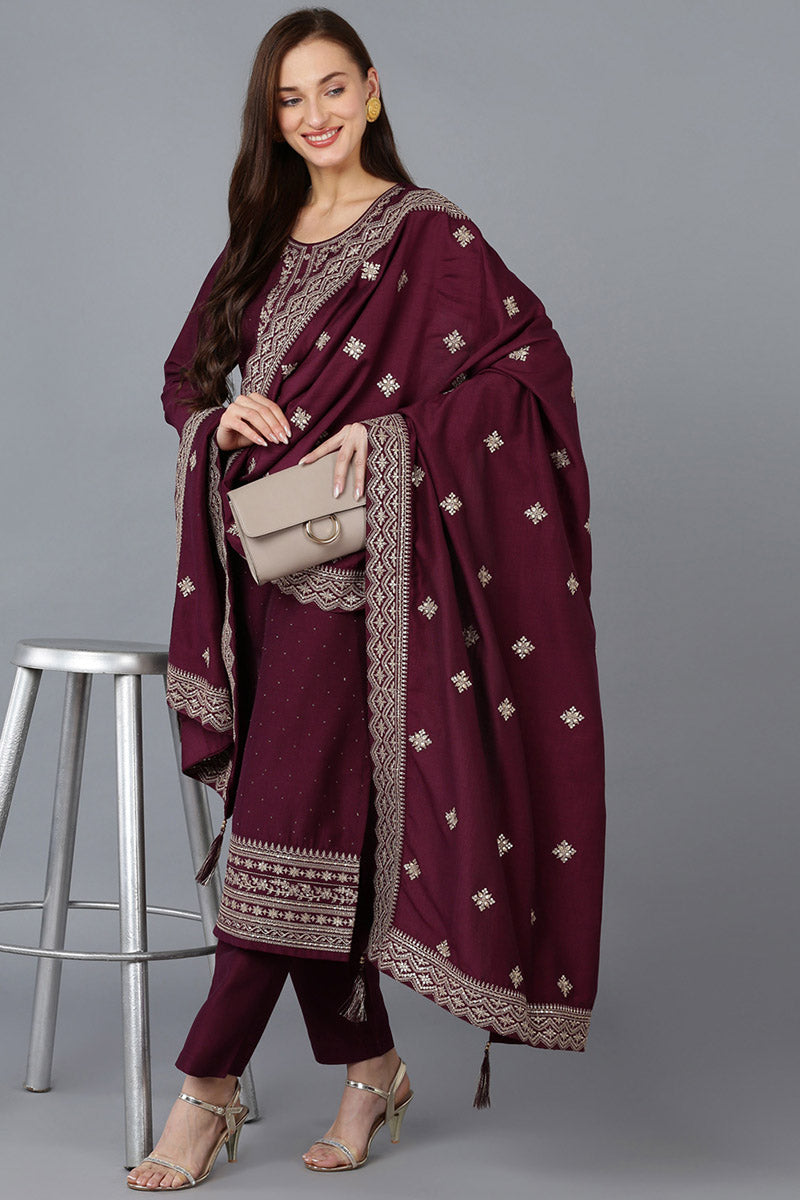 Burgundy Silk Blend Solid Straight Kurta Trousers With Dupatta PKSKD1759
