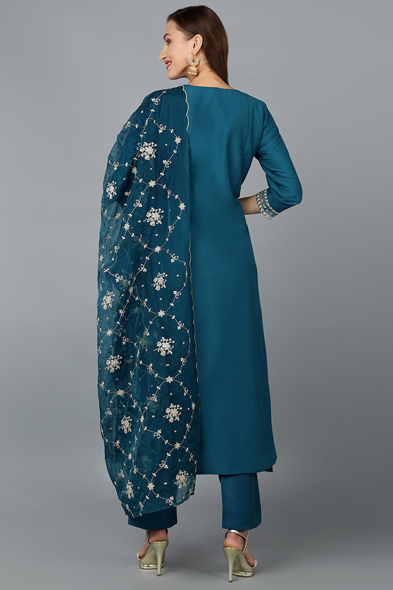 Turquoise Blue Silk Blend Straight Kurta Pant With Dupatta PKSKD1901