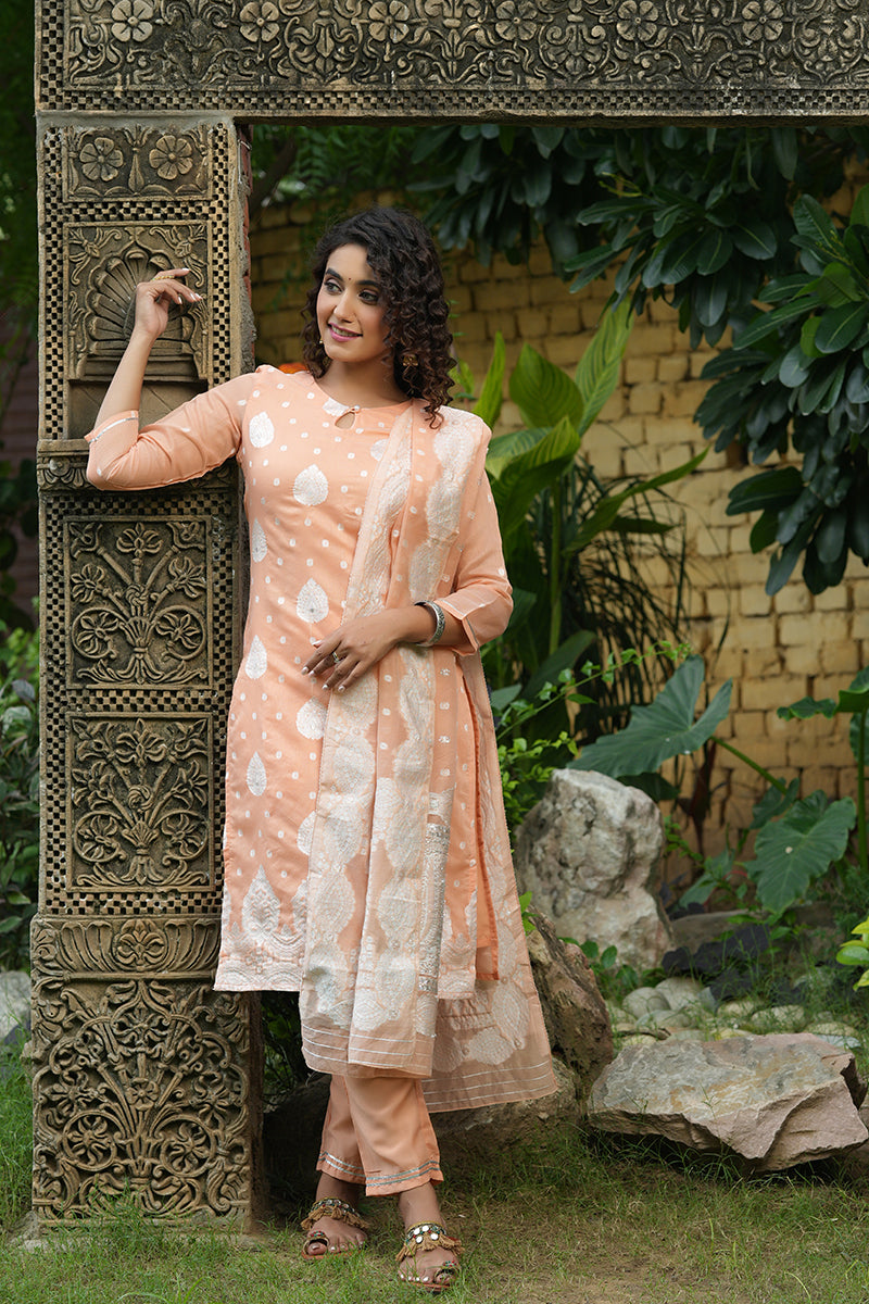 Peach Poly Chanderi Ethnic Motifs Straight Suit Set PKSKD1215