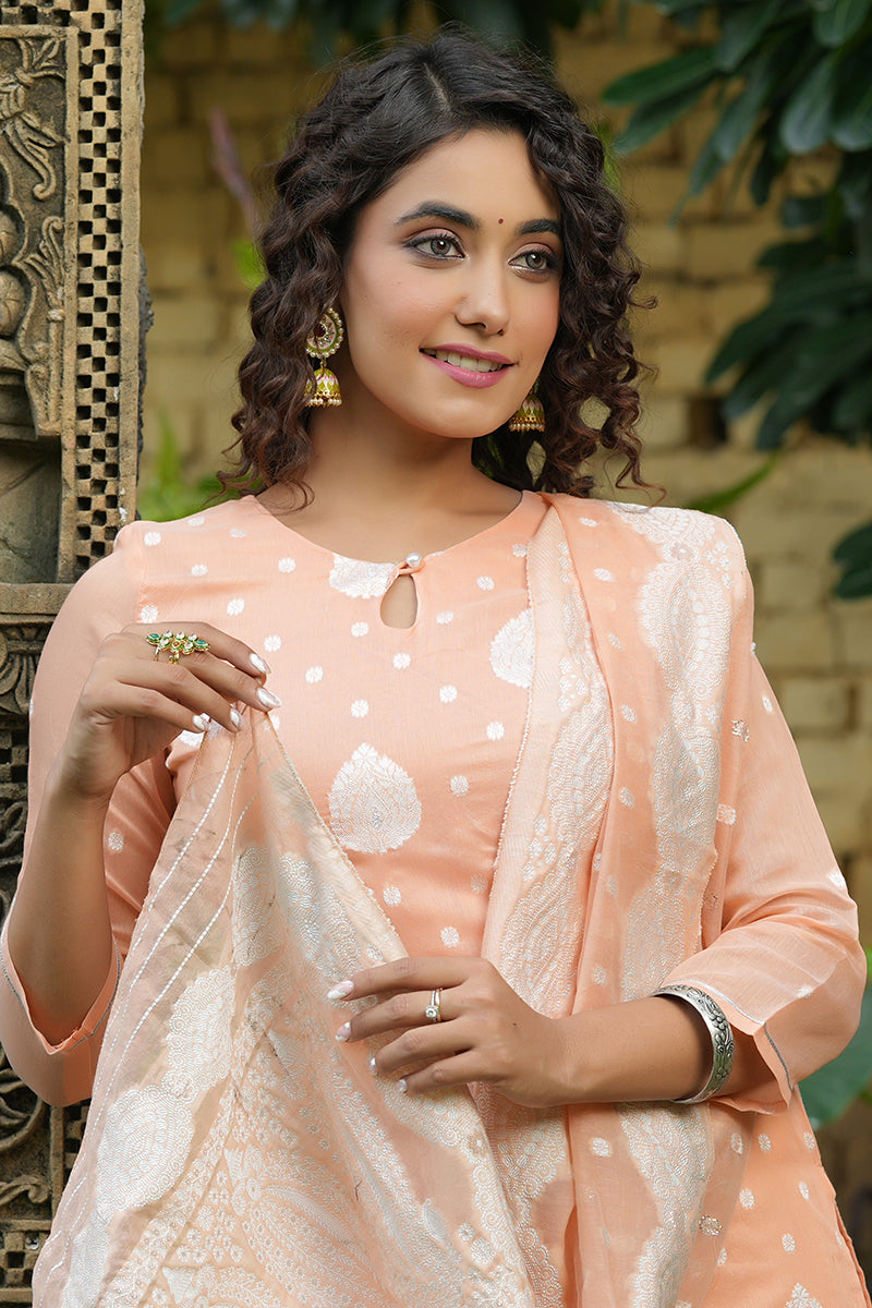 Peach Poly Chanderi Ethnic Motifs Straight Suit Set PKSKD1215