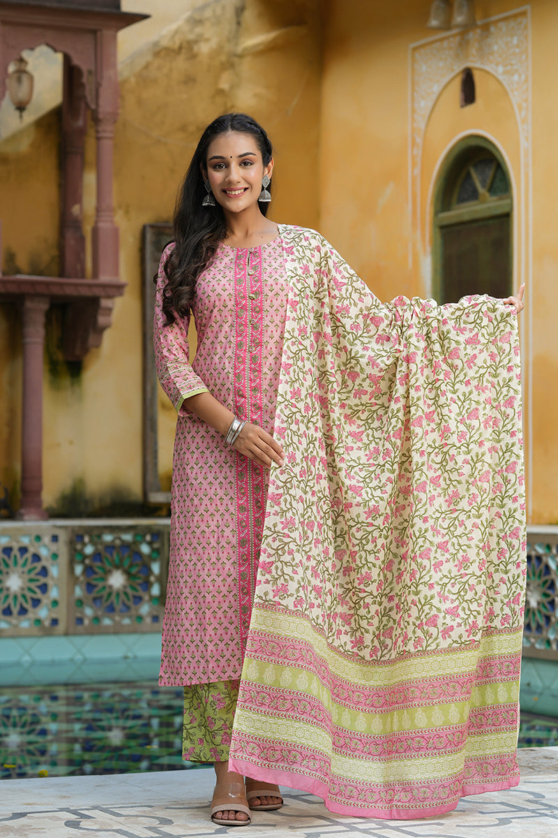 Pink Ethnic Motifs Printed Regular Pure Cotton Kurta Set – Ahika