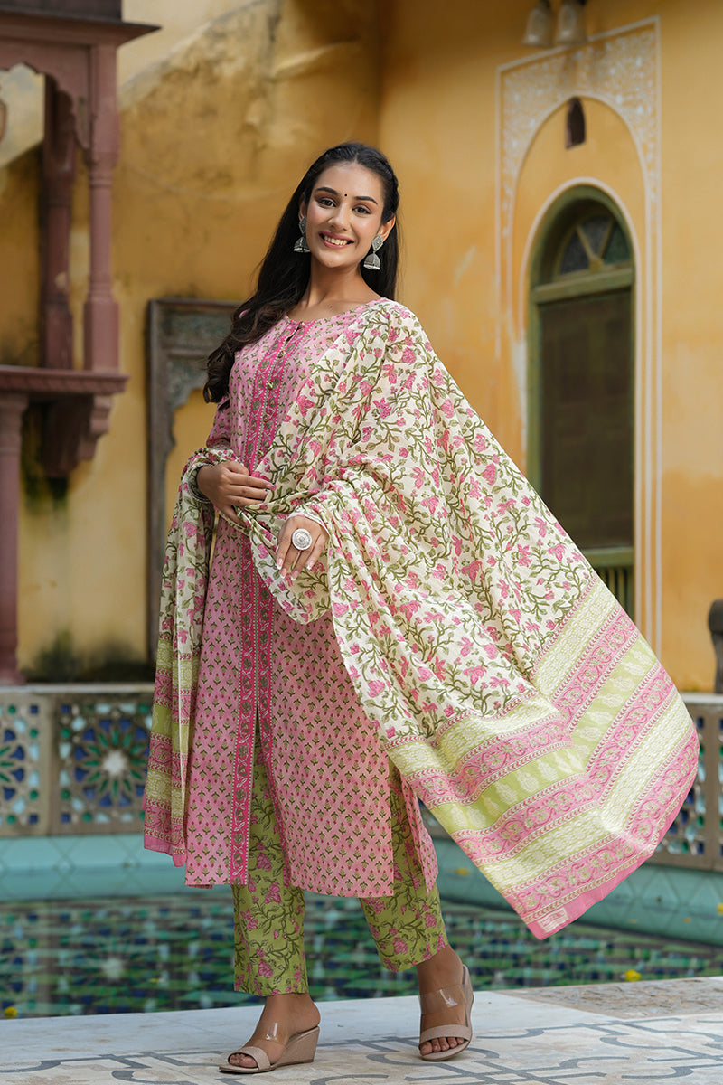 Pink Ethnic Motifs Printed Regular Pure Cotton Kurta Set – Ahika