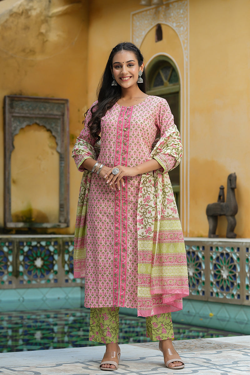 Pink Ethnic Motifs Printed Regular Pure Cotton Kurta Set – Ahika