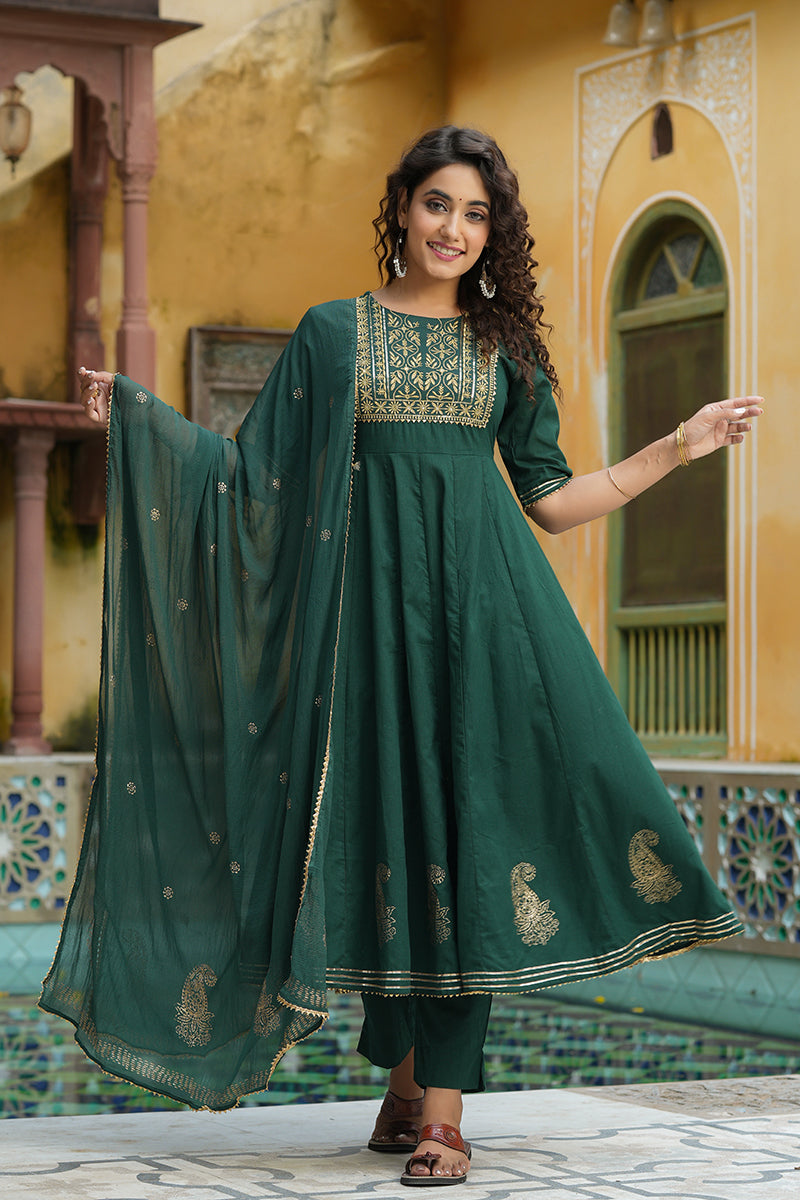 Solid Dark Green Cotton Silk Anarkali Suit Set  Silk anarkali suits, Green  anarkali, Anarkali dress pattern