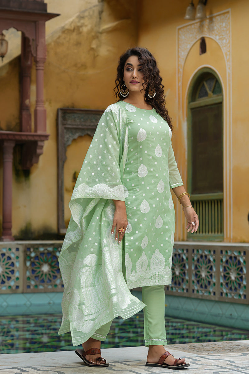 AHIKA Women Green Woven Design Kurta Trousers With Dupatta