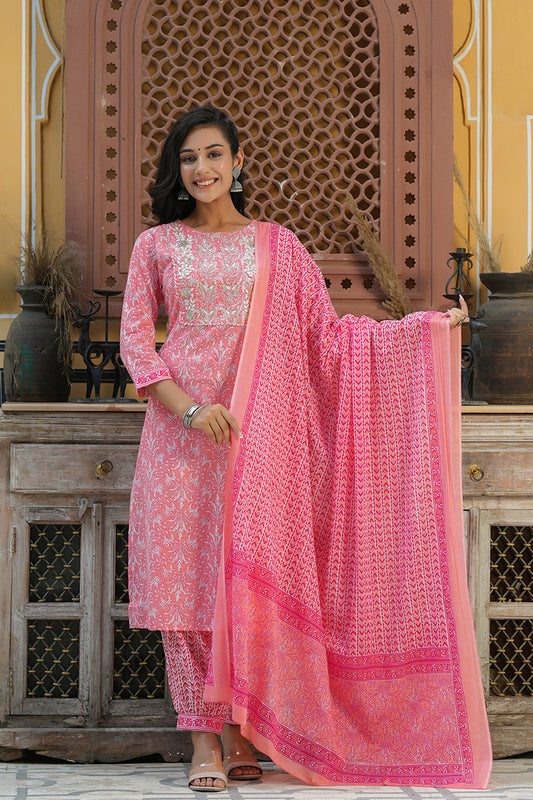 Ahika Women Cotton Pink Embroidered Work Straight Kurta Pant Dupatta Set