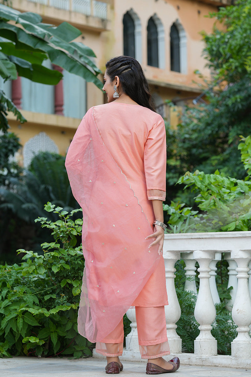 Peach Poly Silk Solid Sequin Straight Suit Set PKSKD1160
