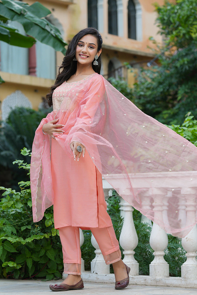 Peach Poly Silk Solid Sequin Straight Suit Set PKSKD1160