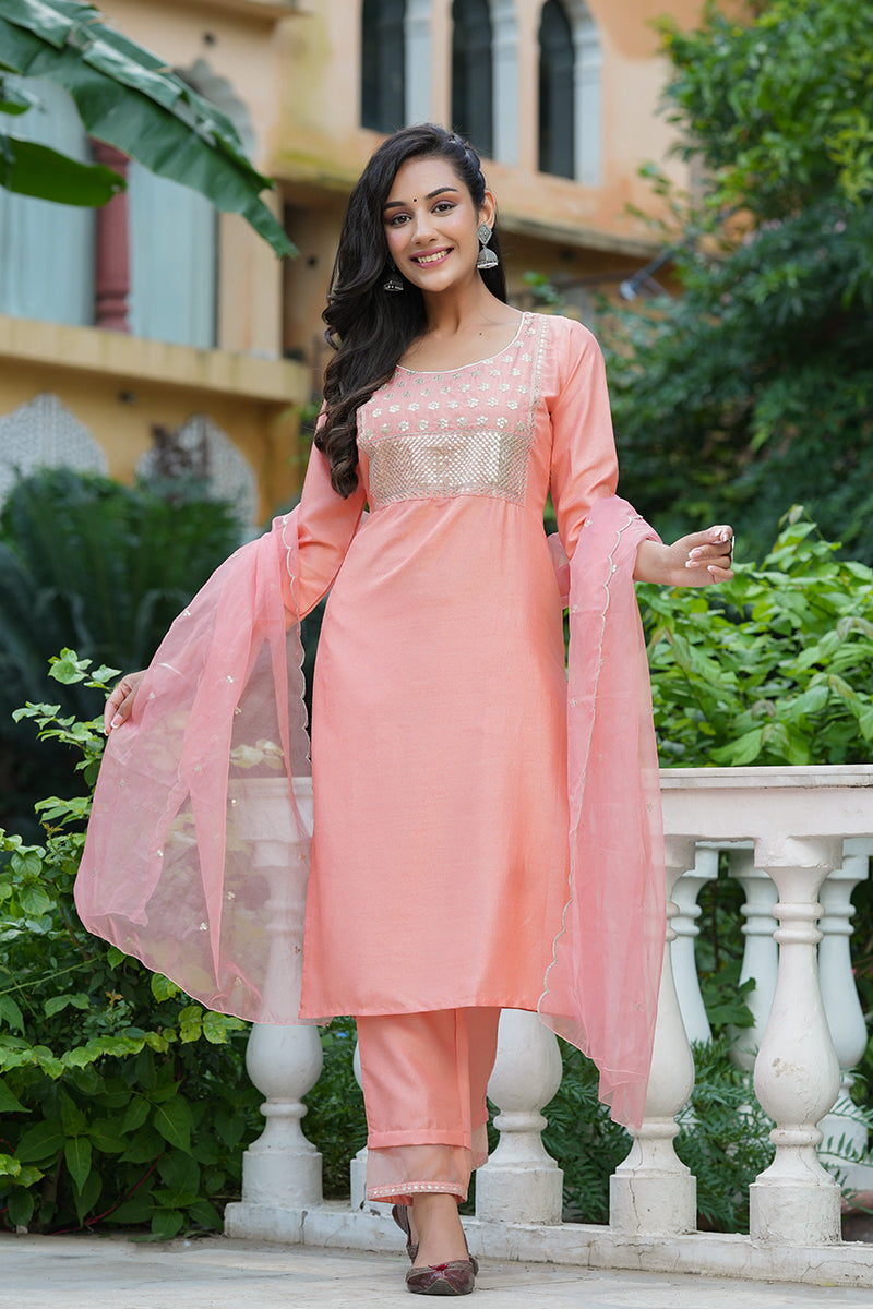 Peach Poly Silk Solid Sequin Straight Suit Set PKSKD1160