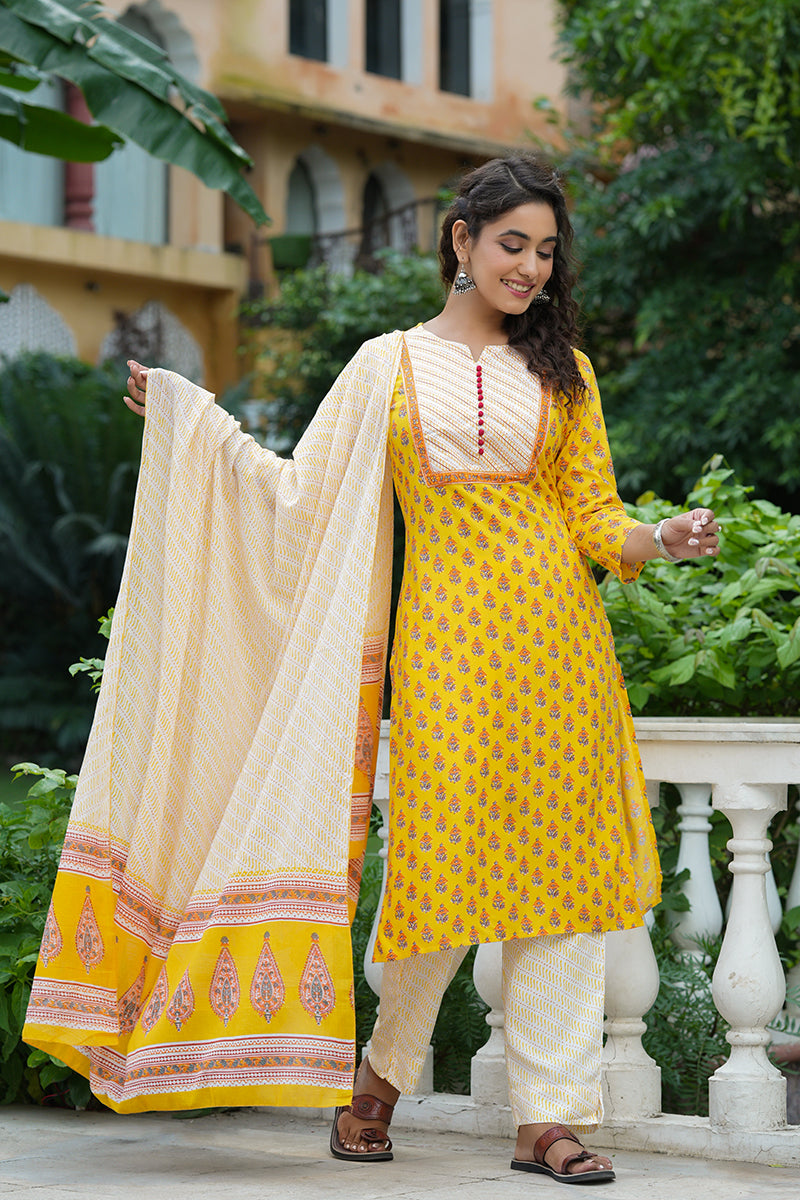 Yellow Rayon Blend Straight Suit Set VKSKD1042