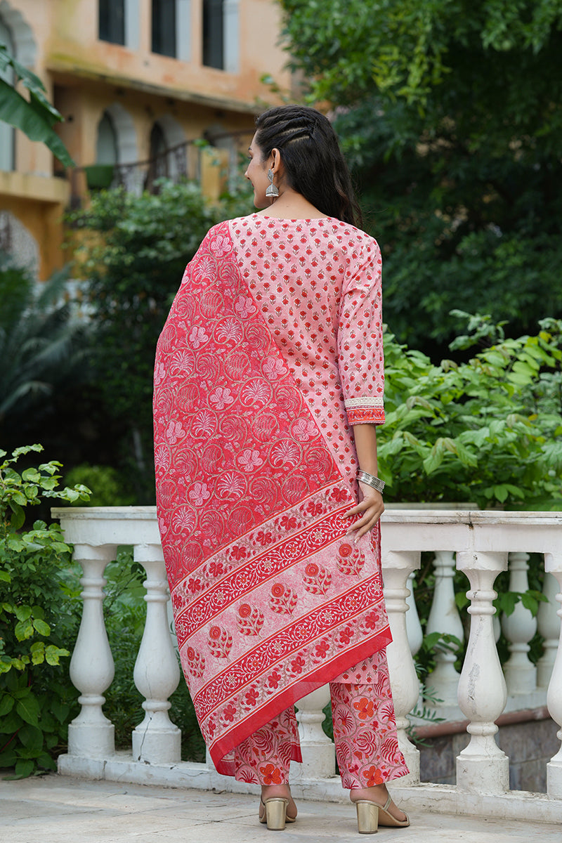 Pink Cotton Straight Suit Set VKSKD1325A