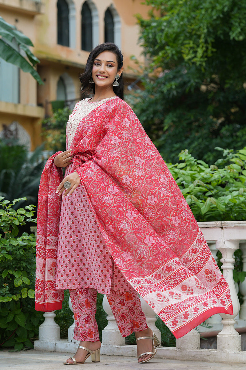 Pink Cotton Straight Suit Set VKSKD1325A