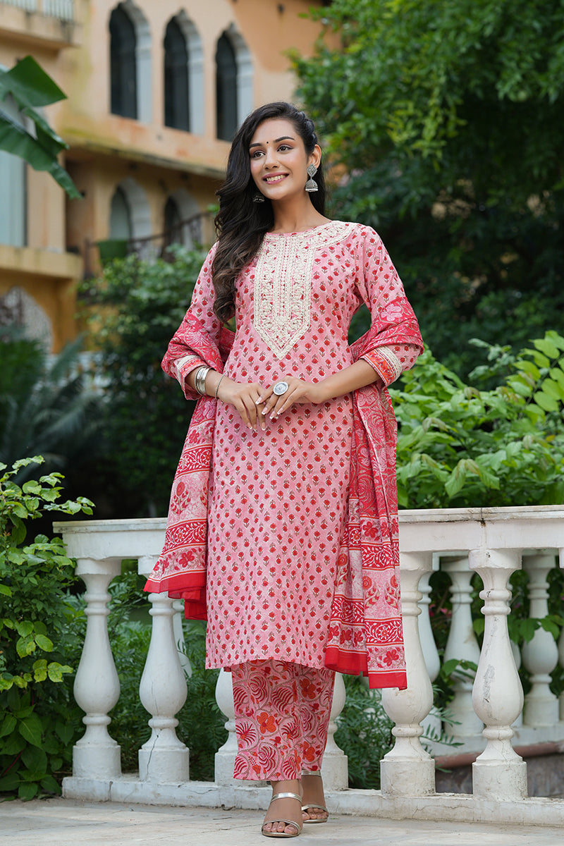 Pink Cotton Straight Suit Set VKSKD1325A