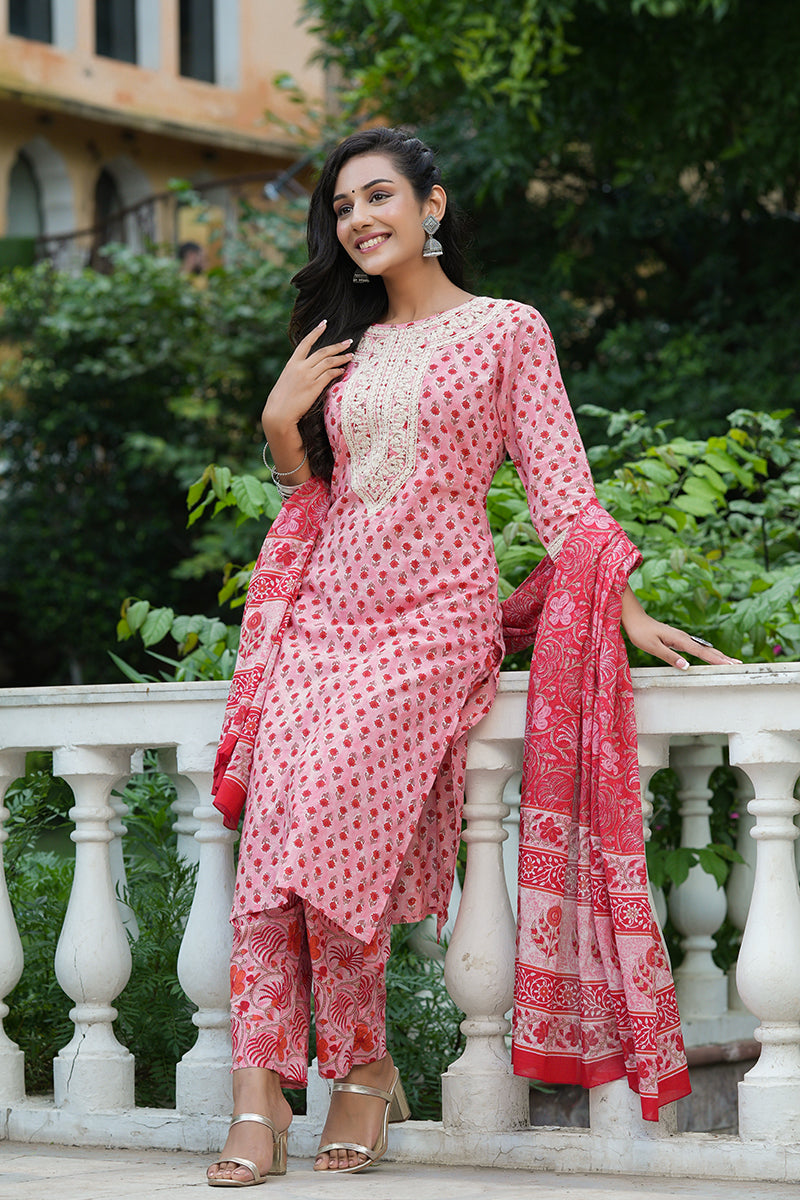 Pink Cotton Straight Suit Set VKSKD1325A