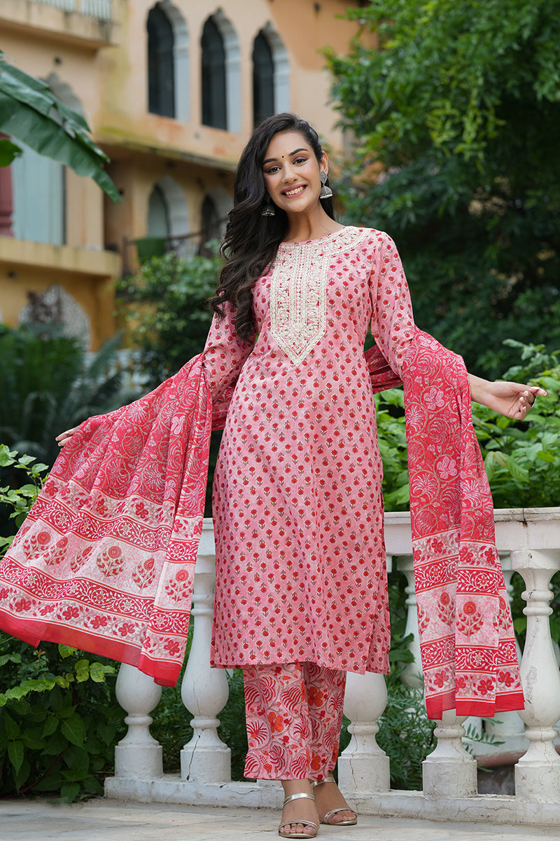 Pink Cotton Straight Suit Set VKSKD1325A