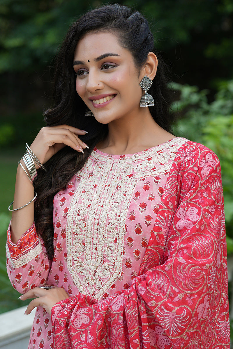 Pink Cotton Straight Suit Set VKSKD1325A