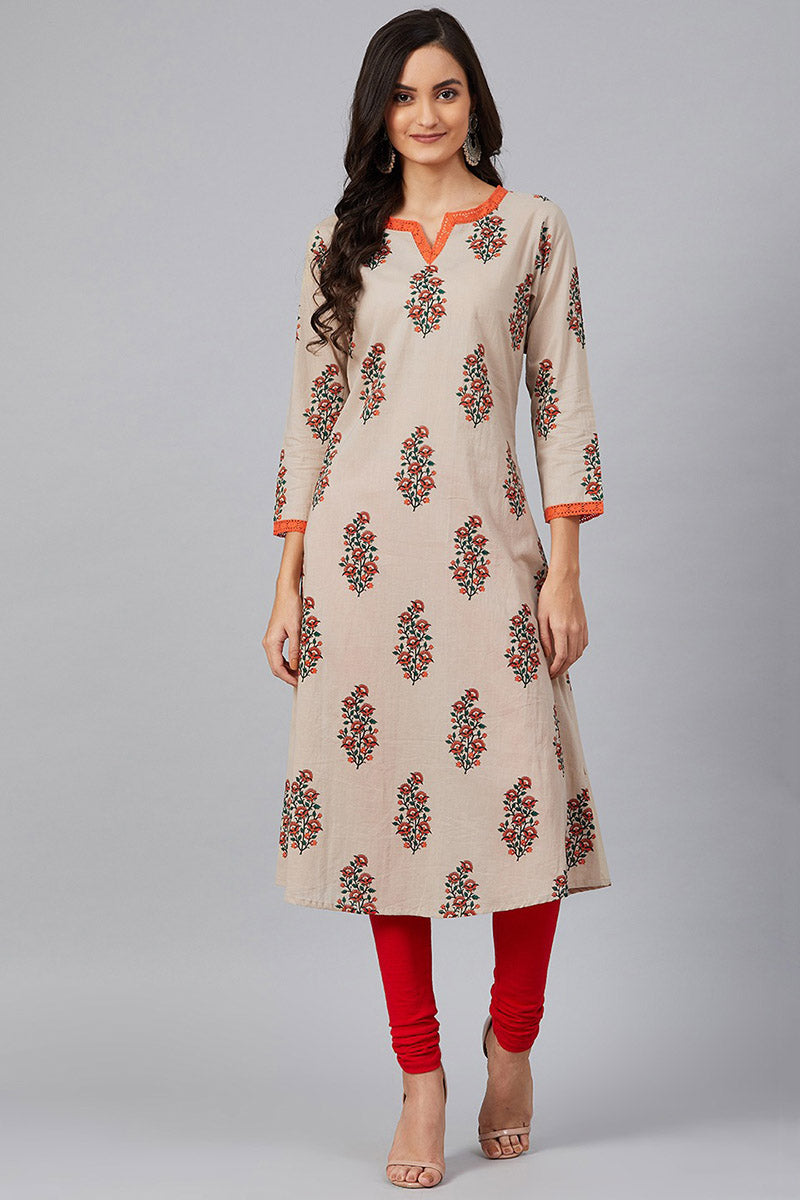 AHIKA Women Beige Rust Orange Screen Printed A Line Kurta