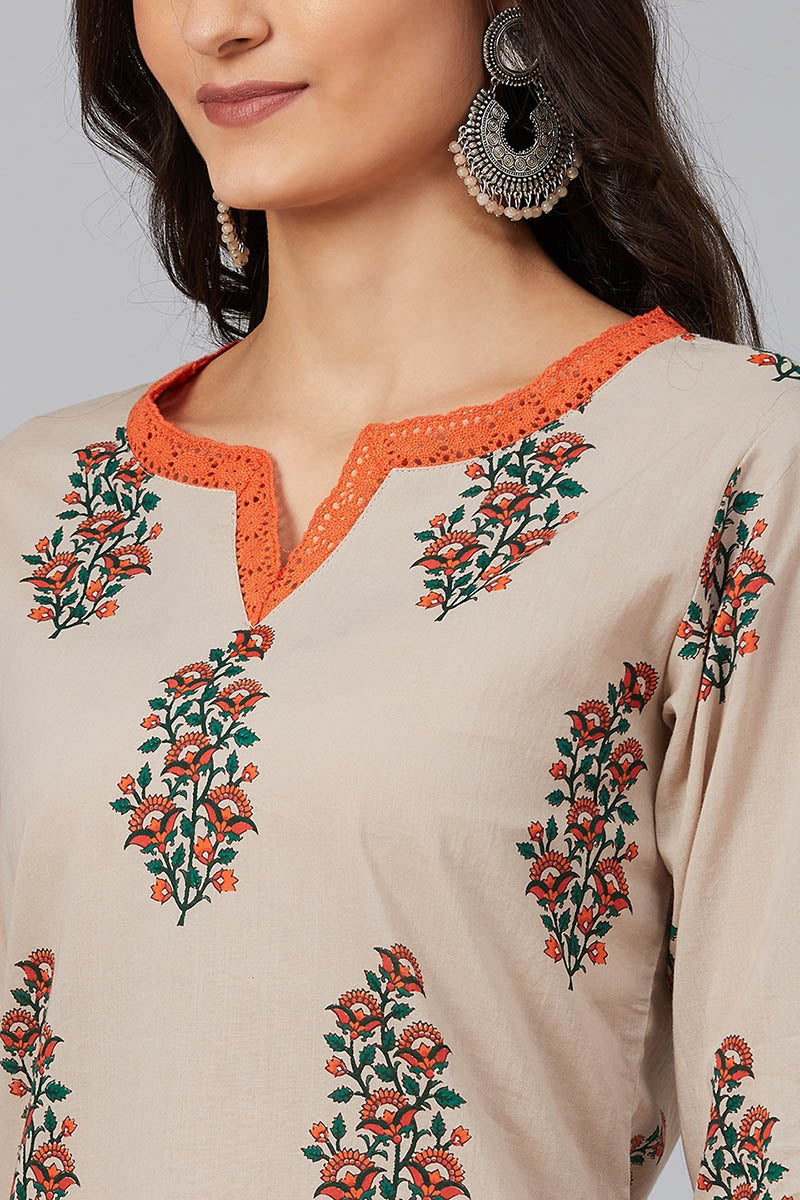 AHIKA Women Beige Rust Orange Screen Printed A Line Kurta