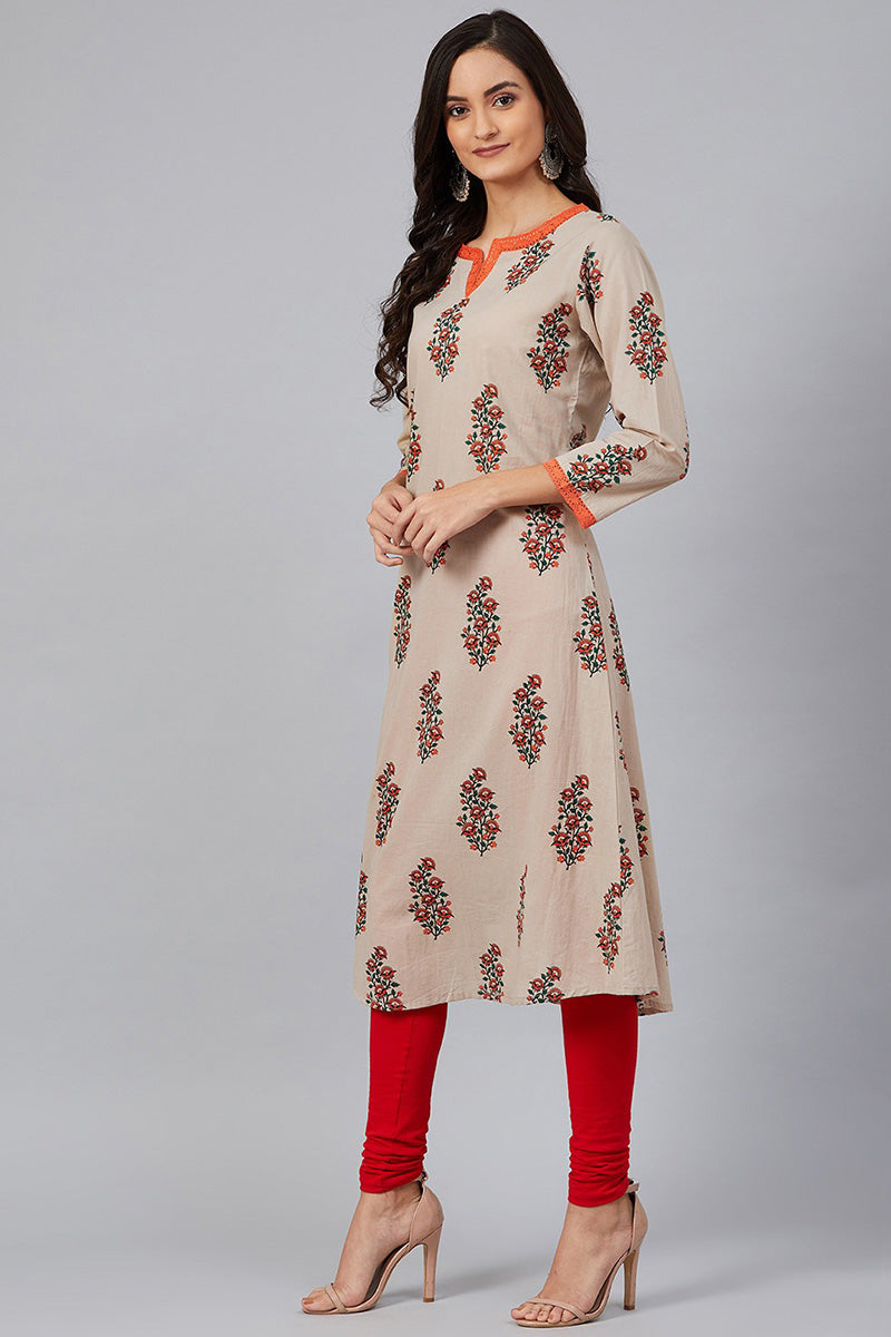 AHIKA Women Beige Rust Orange Screen Printed A Line Kurta