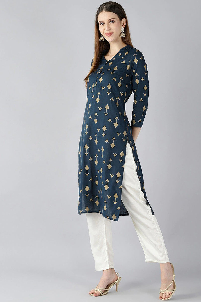 Teal Blue And Gold Coloured Printed Straight Kurta VCK1765E