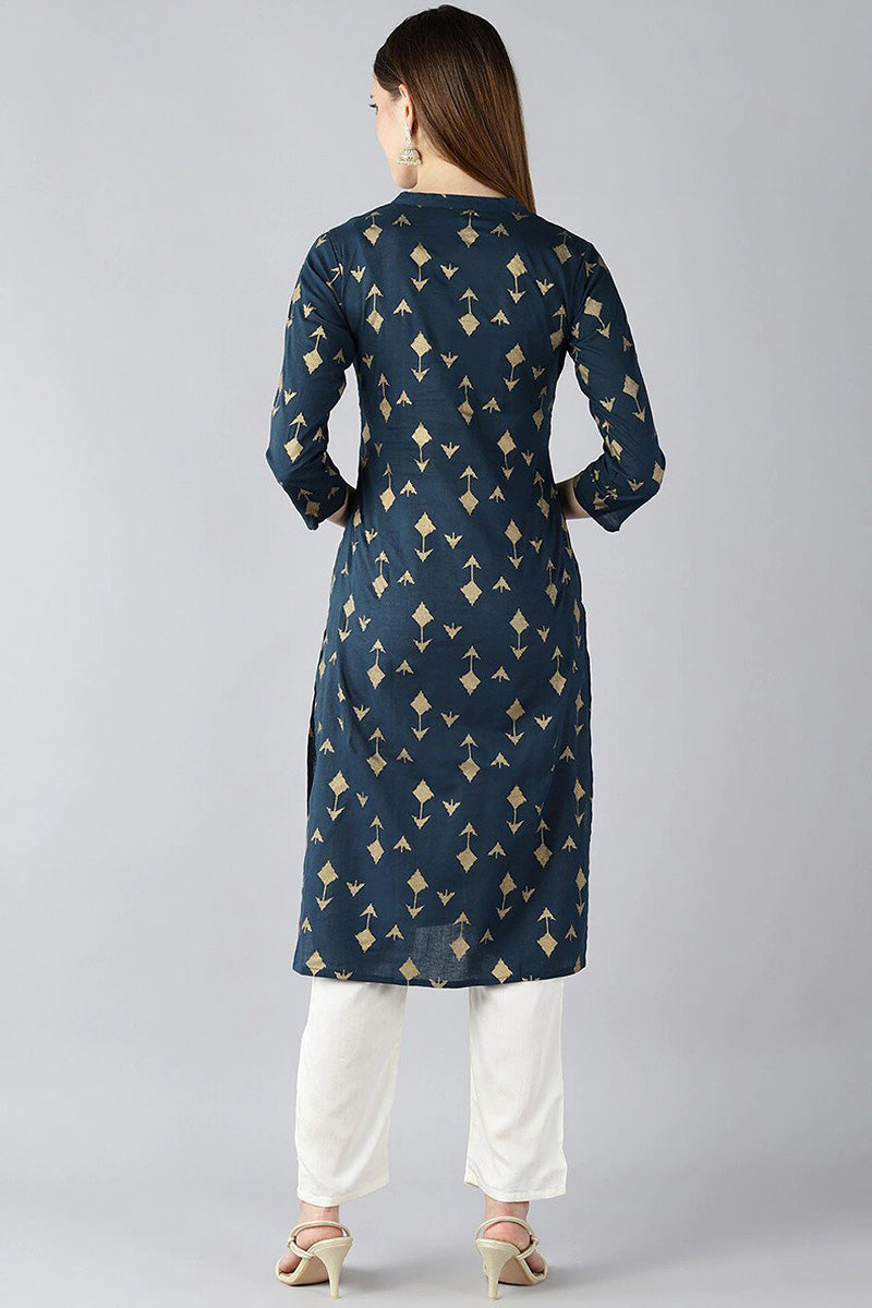 Teal Blue And Gold Coloured Printed Straight Kurta VCK1765E