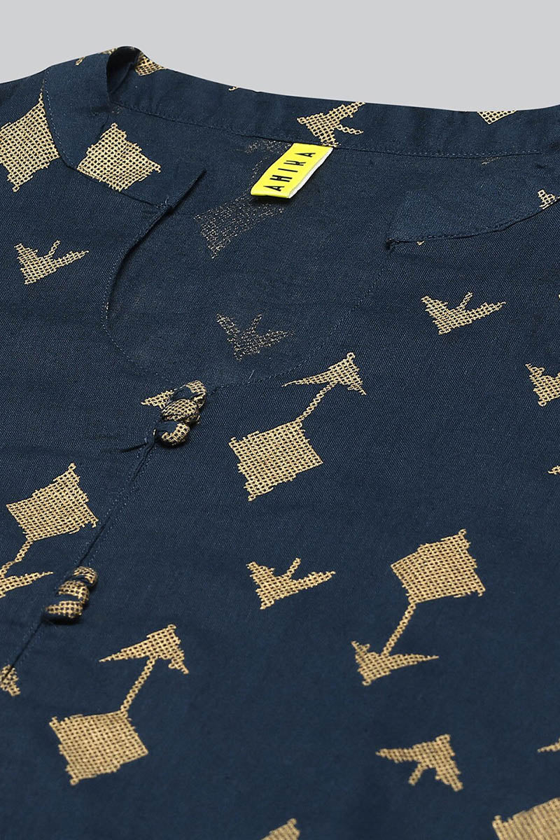 Teal Blue And Gold Coloured Printed Straight Kurta VCK1765E