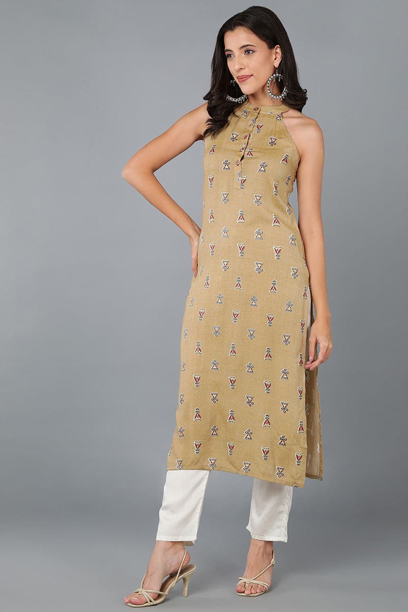 Strking Mustard Cotton Ethnic Motifs Kurta VCK8510