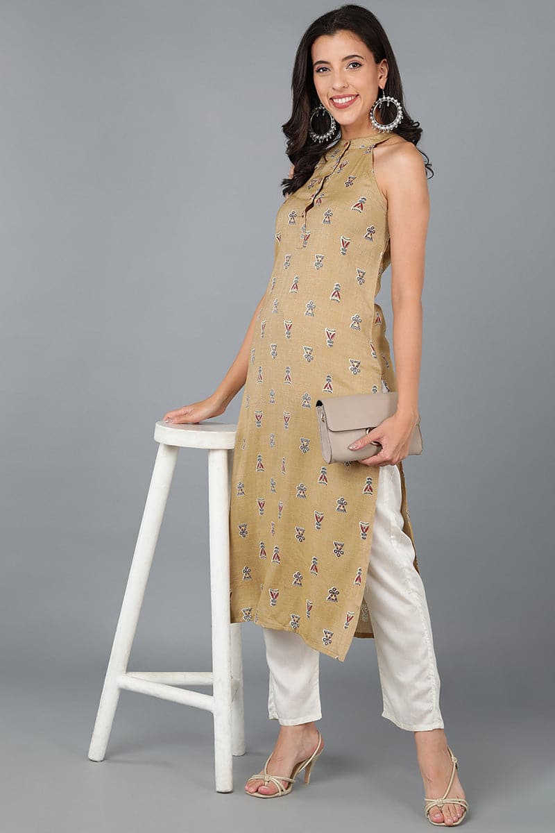 Strking Mustard Cotton Ethnic Motifs Kurta VCK8510