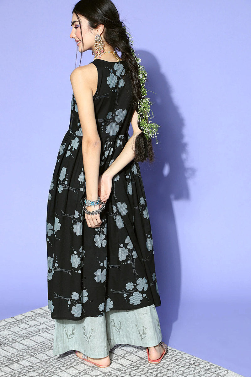 Women Black Grey Floral Printed Keyhole Neck Cotton Kurta VCK8513