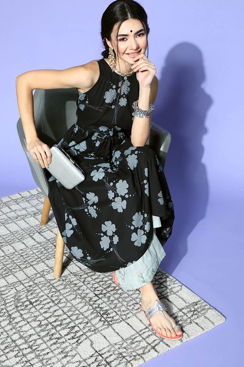 Women Black Grey Floral Printed Keyhole Neck Cotton Kurta VCK8513