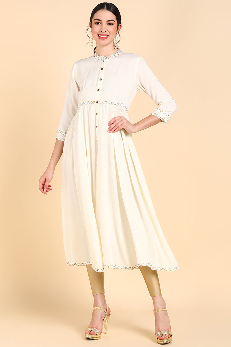 Cream-Coloured & white alyssum Gotta Patti Anarkali Kurta VCK8553