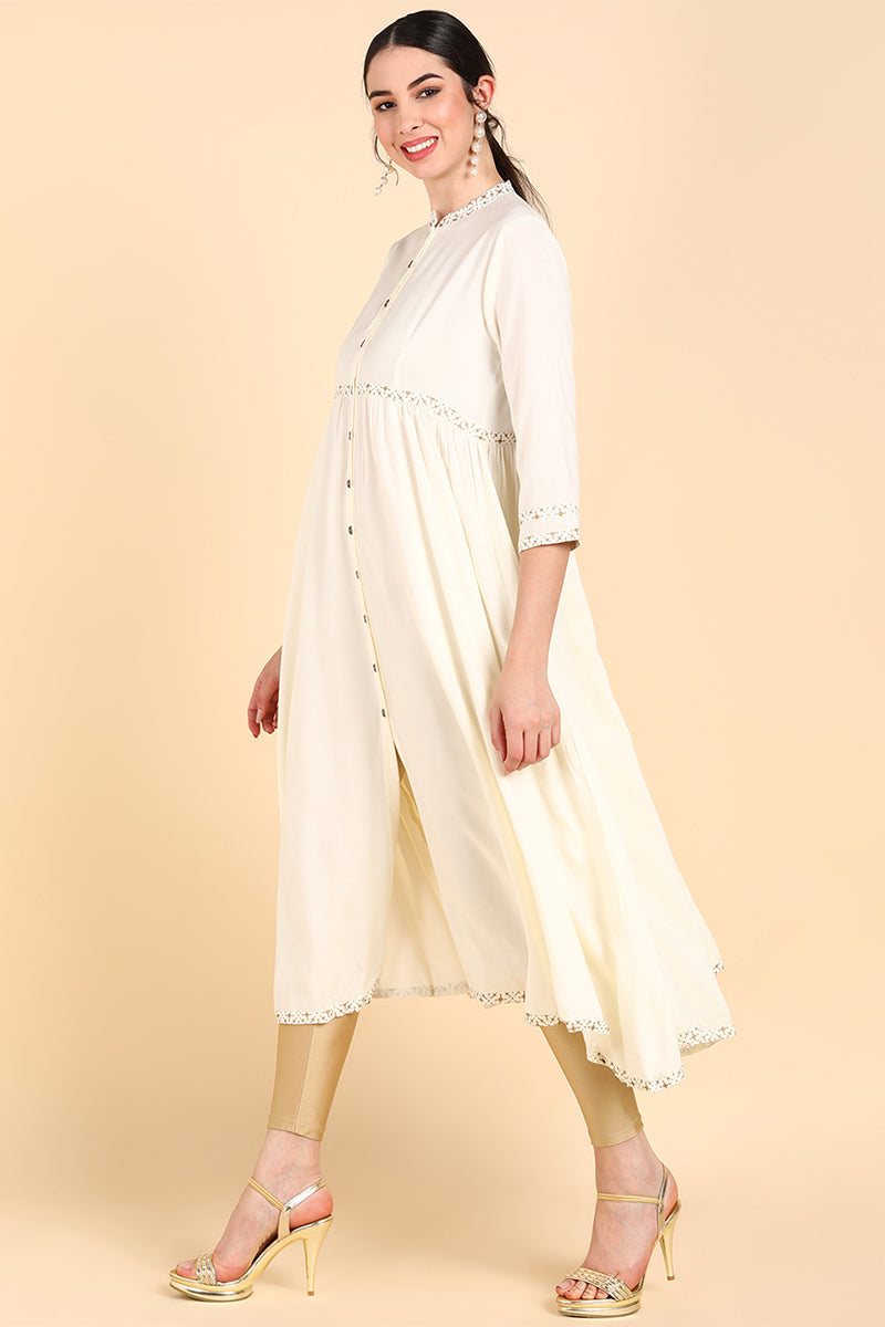 Cream-Coloured & white alyssum Gotta Patti Anarkali Kurta VCK8553