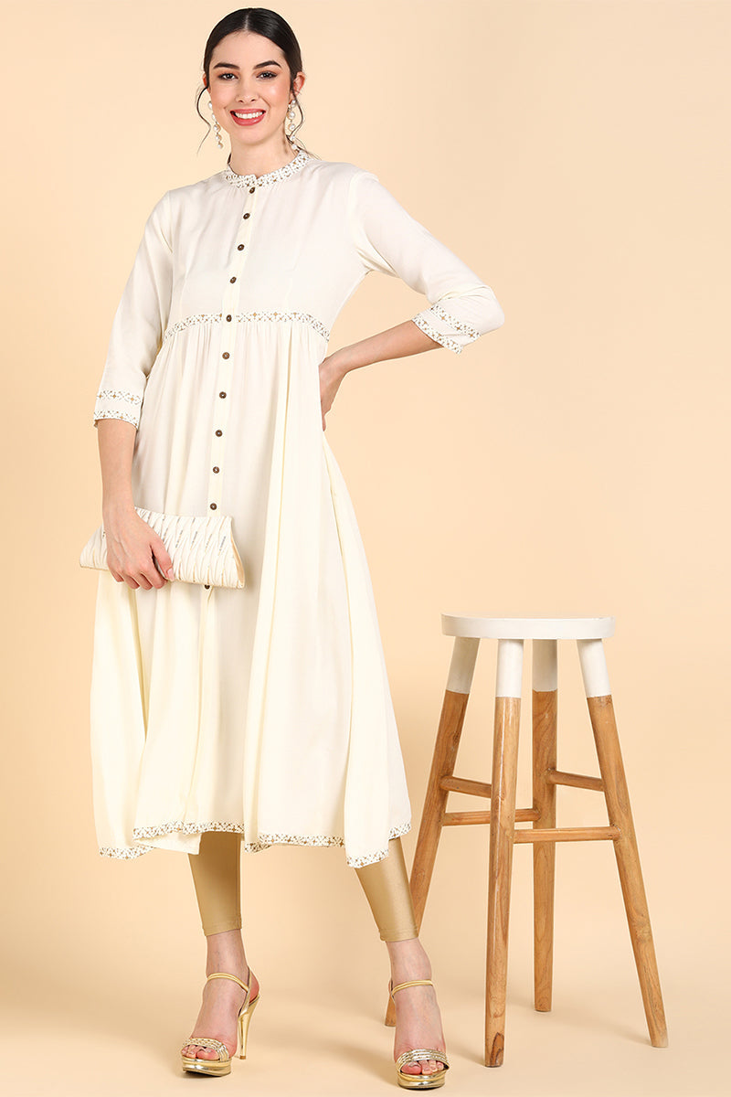 Cream-Coloured & white alyssum Gotta Patti Anarkali Kurta VCK8553
