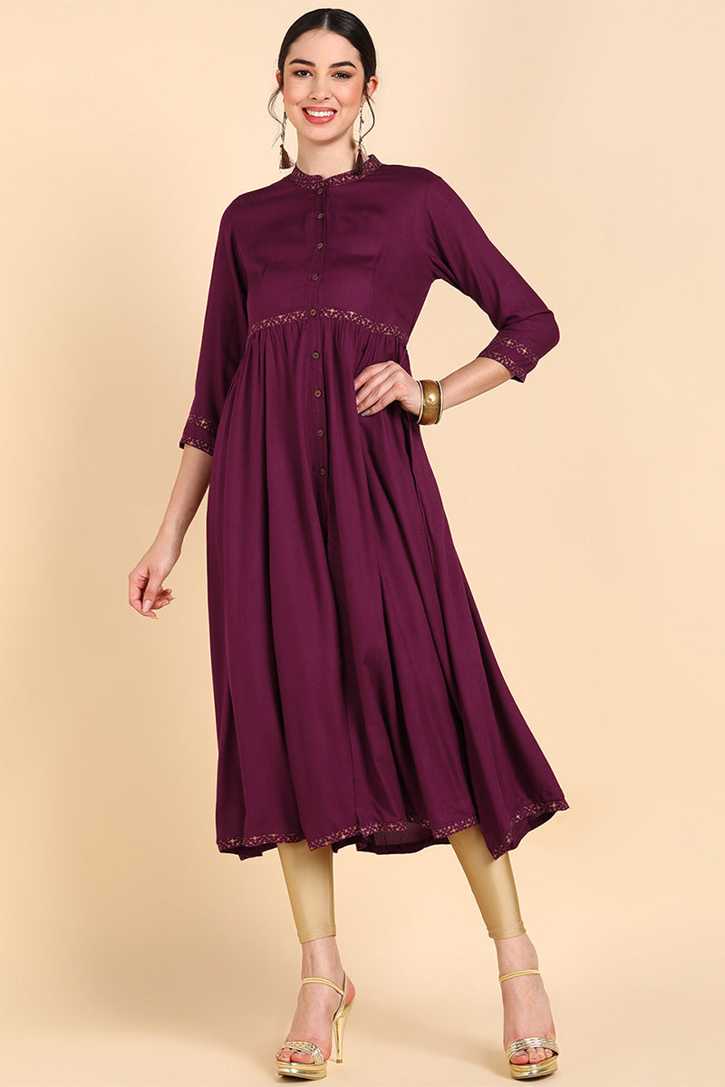 Burgundy & Rosewood Thread Work Anarkali Kurta VCK8554