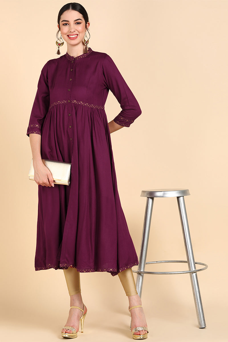 Burgundy & Rosewood Thread Work Anarkali Kurta VCK8554
