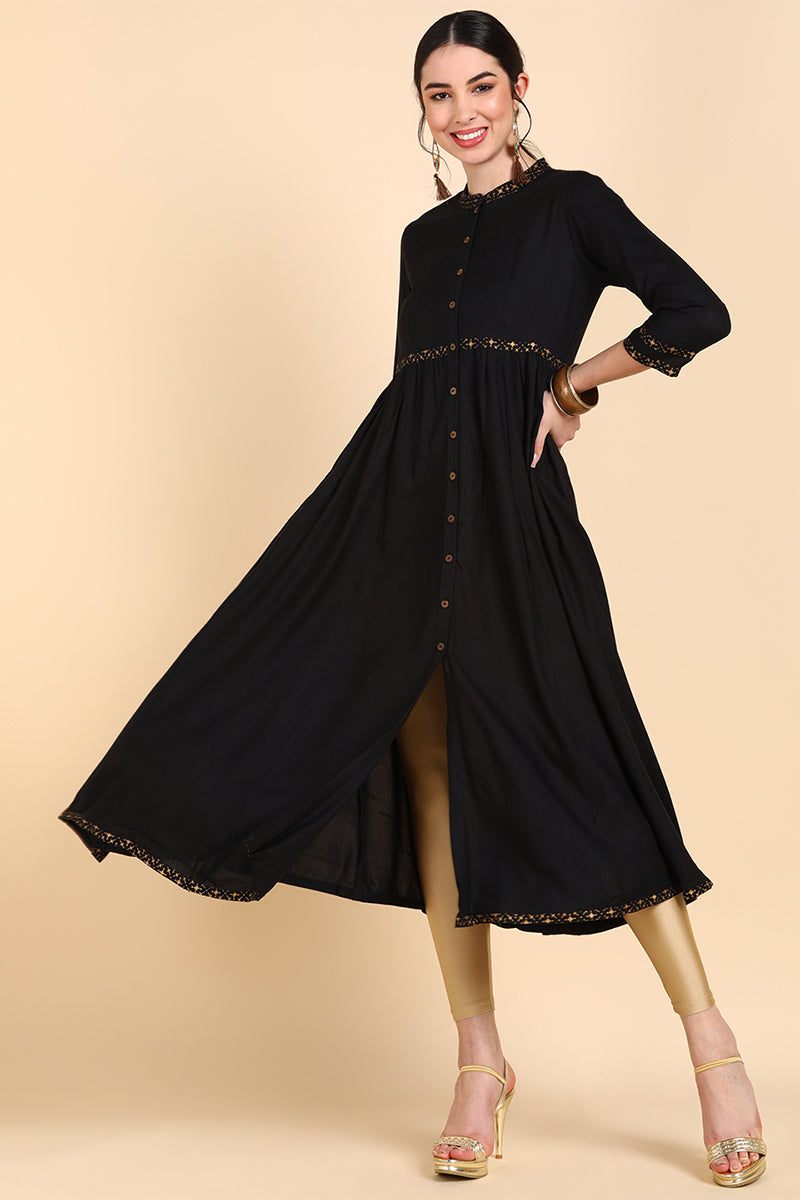 Black Cold-Shoulder Sleeves Anarkali Kurta VCK8555