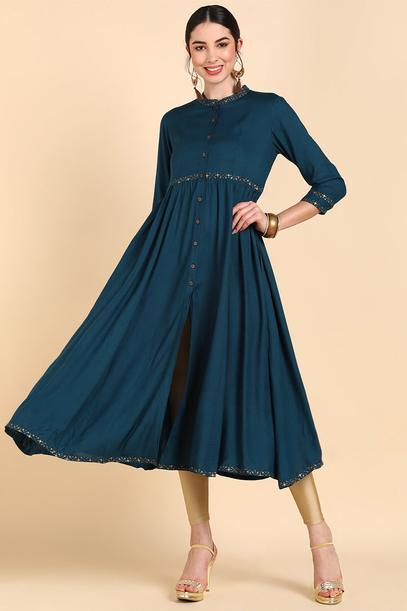 Teal Yoke Design Flared Sleeves Thread Work Anarkali Kurta VCK8556