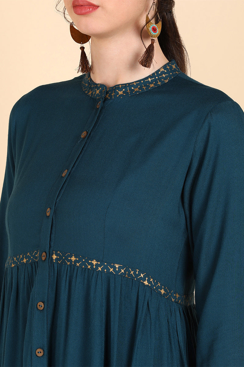 Teal Yoke Design Flared Sleeves Thread Work Anarkali Kurta VCK8556