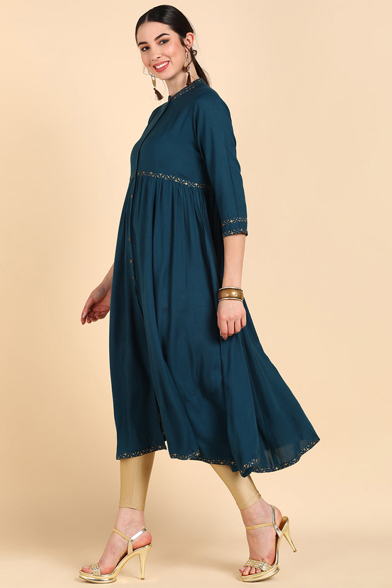Teal Yoke Design Flared Sleeves Thread Work Anarkali Kurta VCK8556