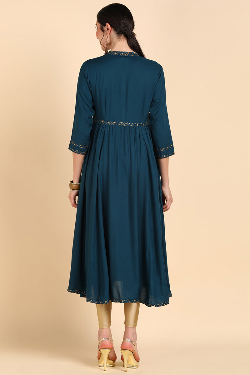 Teal Yoke Design Flared Sleeves Thread Work Anarkali Kurta VCK8556