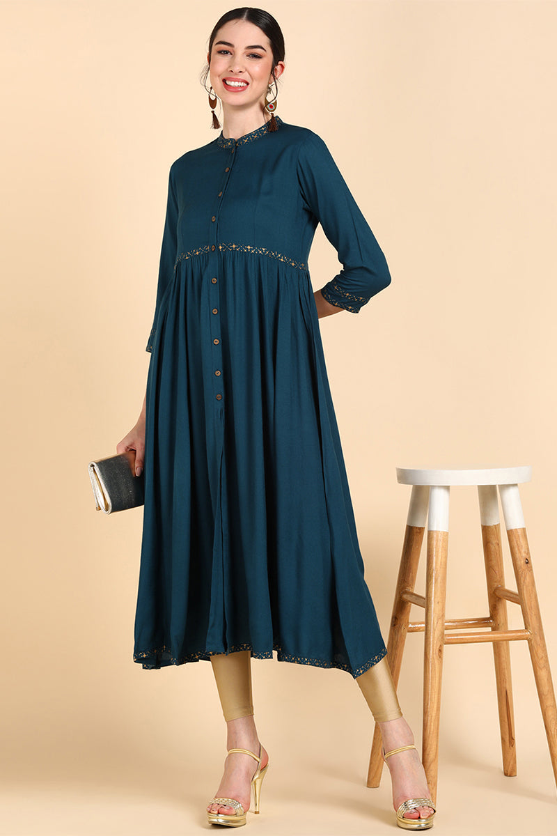 Teal Yoke Design Flared Sleeves Thread Work Anarkali Kurta VCK8556