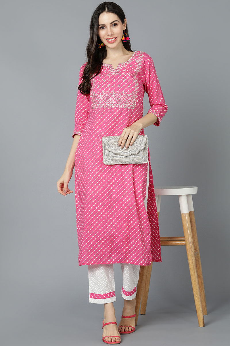 AHIKA Women Pink Cotton Striped Kurtas