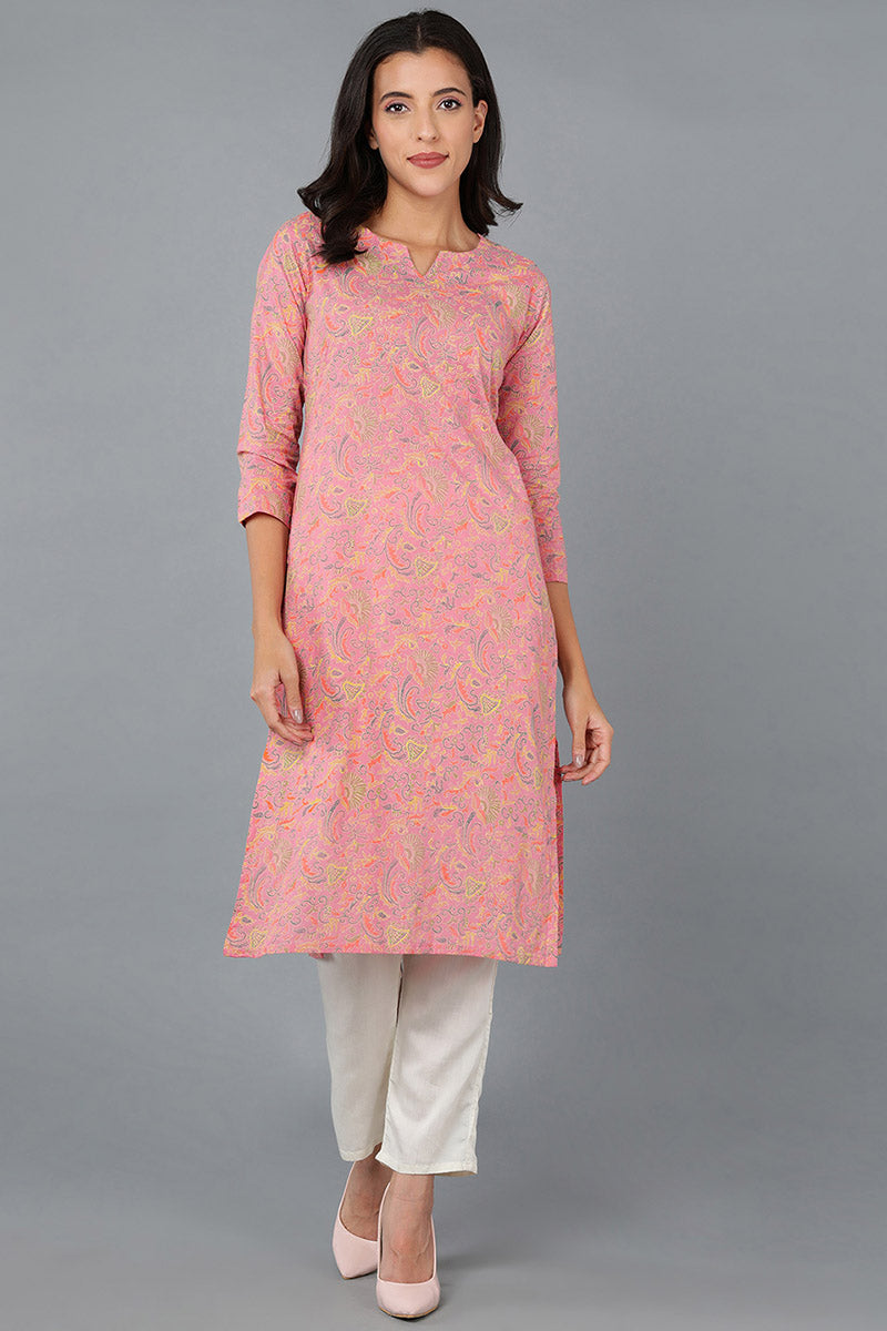 Pink Cotton Ethnic Motifs Printed Straight Kurta VCK8579