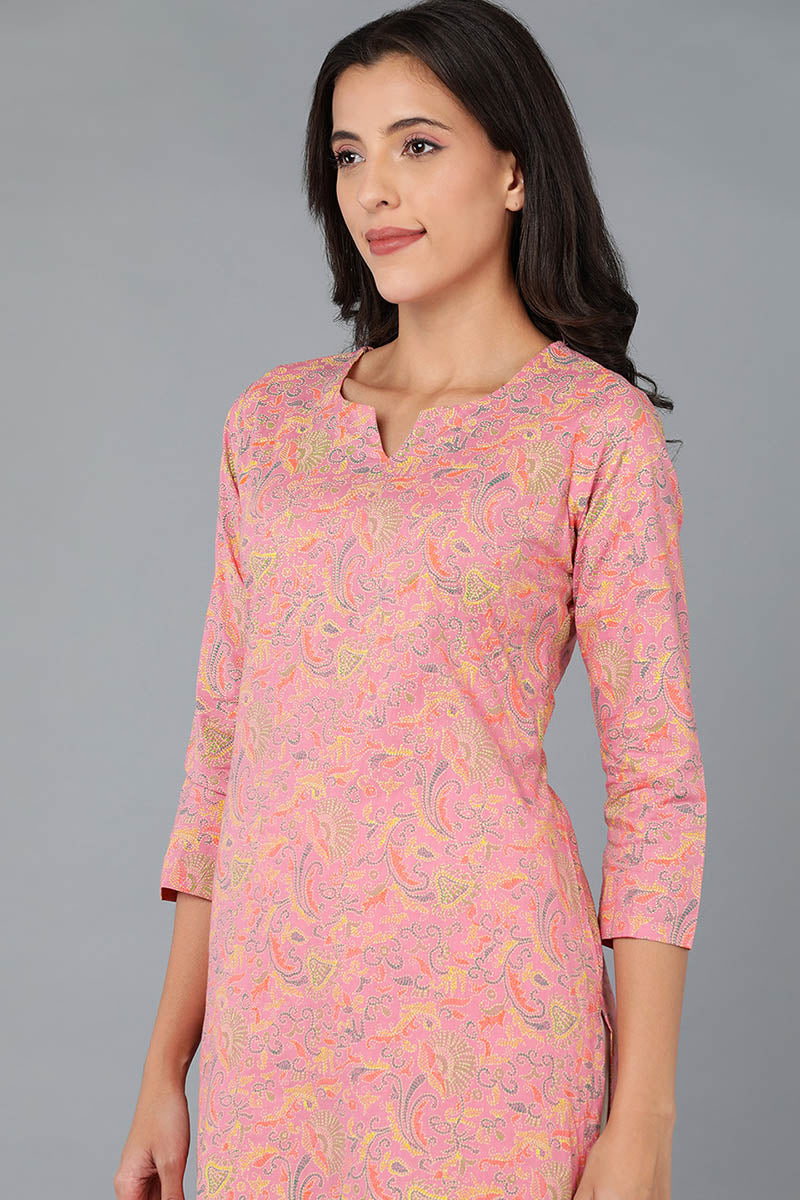 Pink Cotton Ethnic Motifs Printed Straight Kurta VCK8579