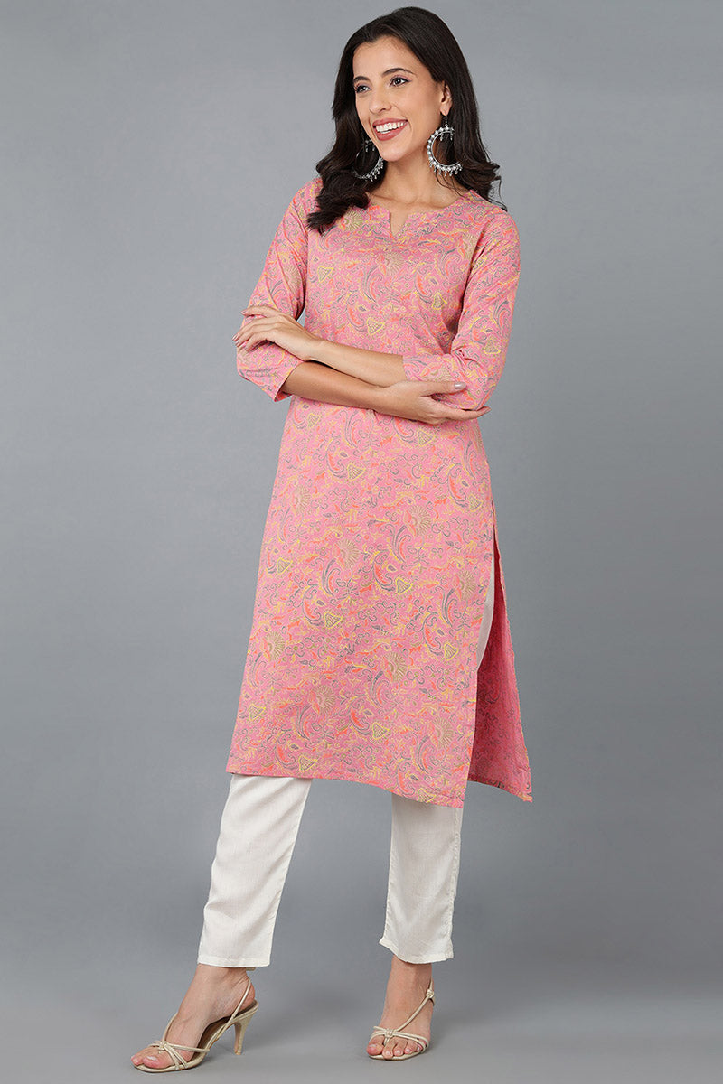 Pink Cotton Ethnic Motifs Printed Straight Kurta VCK8579