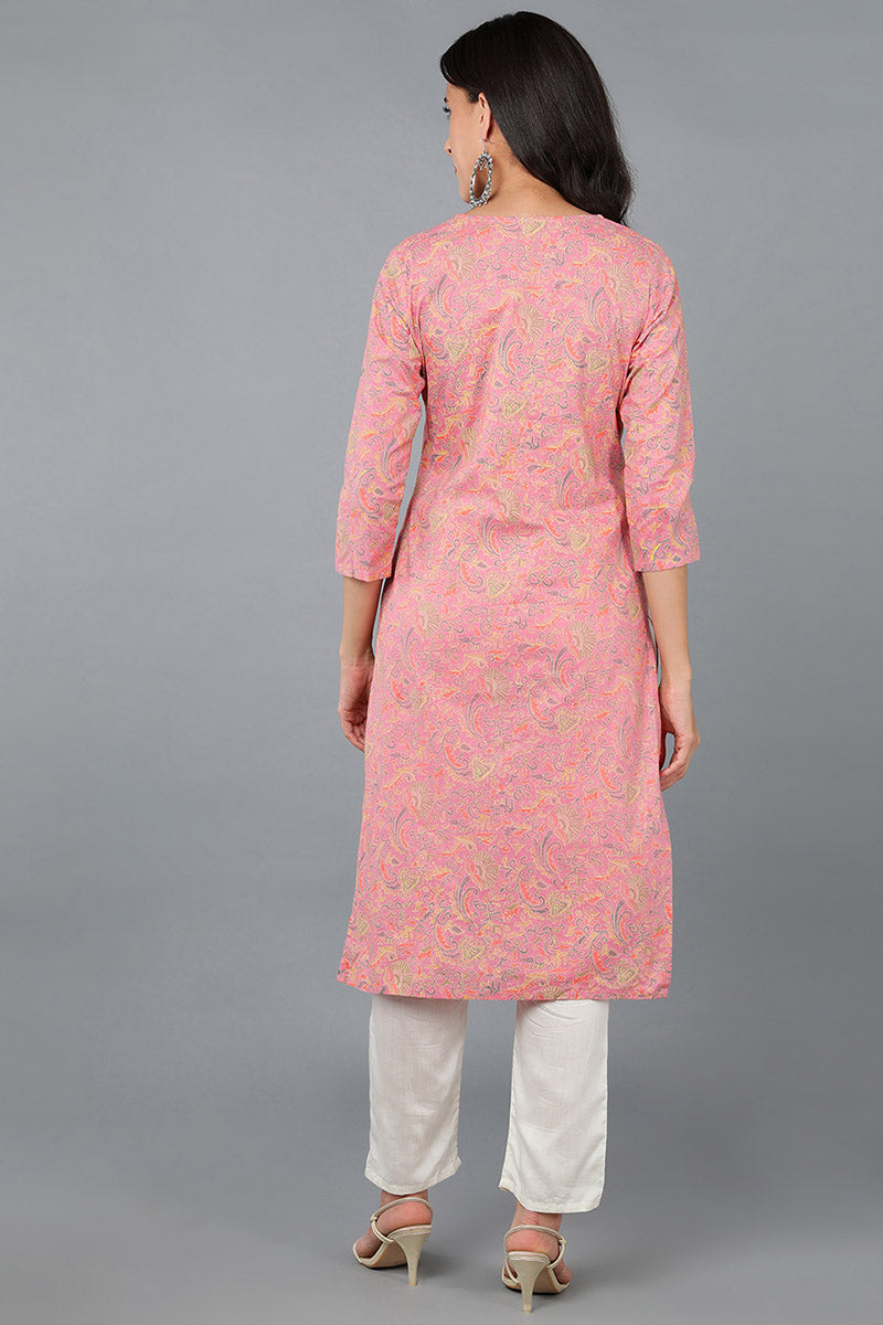 Pink Cotton Ethnic Motifs Printed Straight Kurta VCK8579