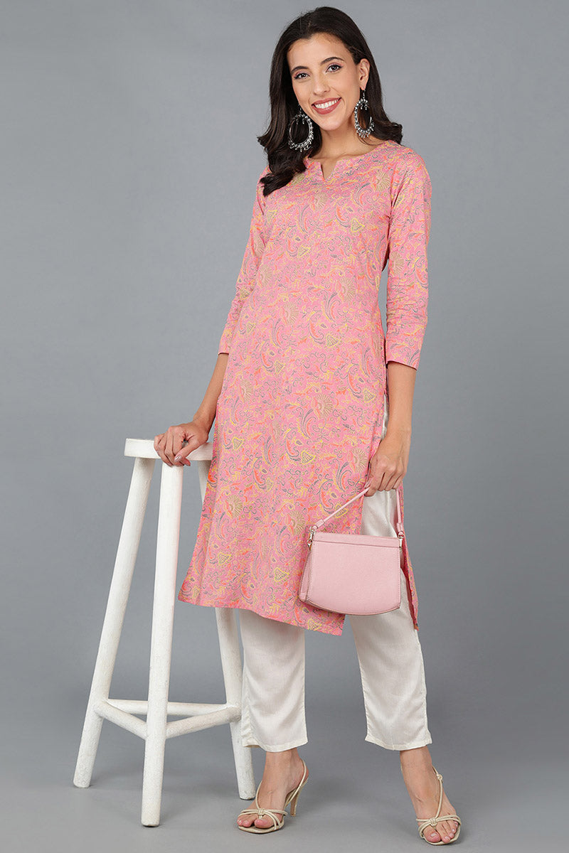 Pink Cotton Ethnic Motifs Printed Straight Kurta VCK8579
