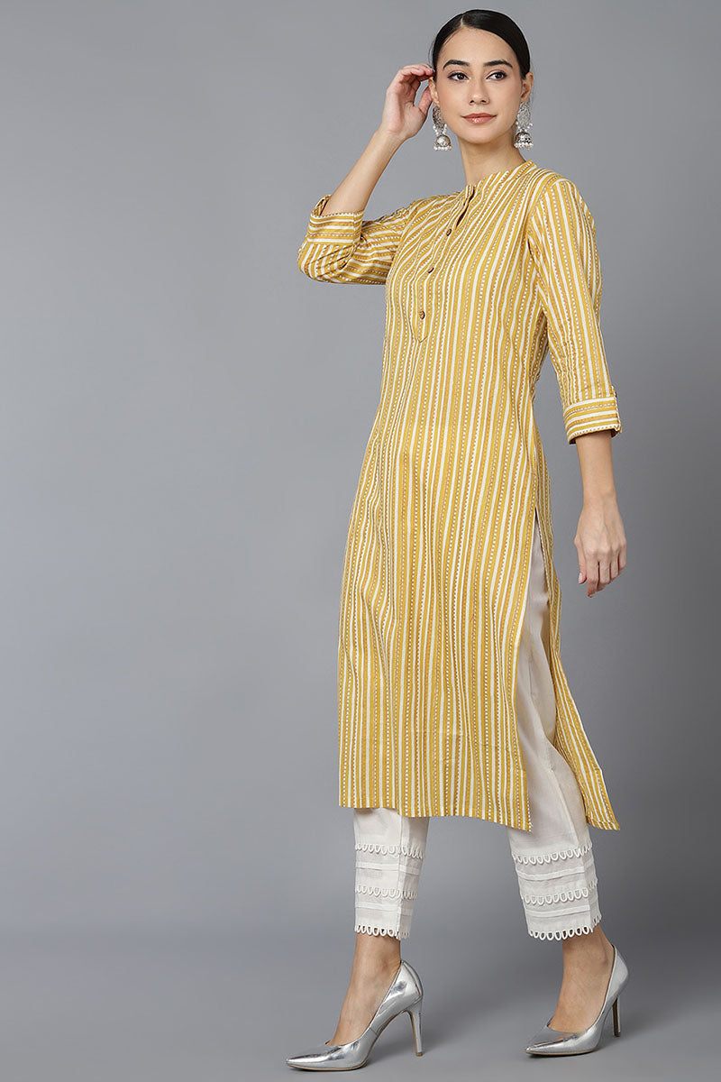 Ahika Women Mustard Cotton Striped Printed Kurtas